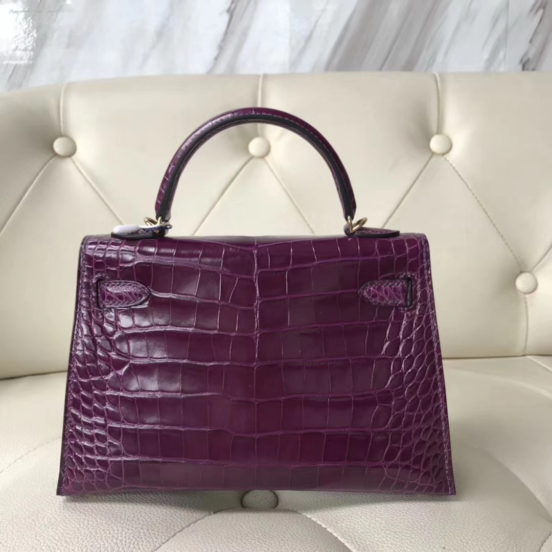 Hermès（爱马仕）Kelly 2代 19cm shiny alligator crocodile 亮面框框鳄鱼 N5加仑紫 顶级工艺 蜡线全手工  金扣