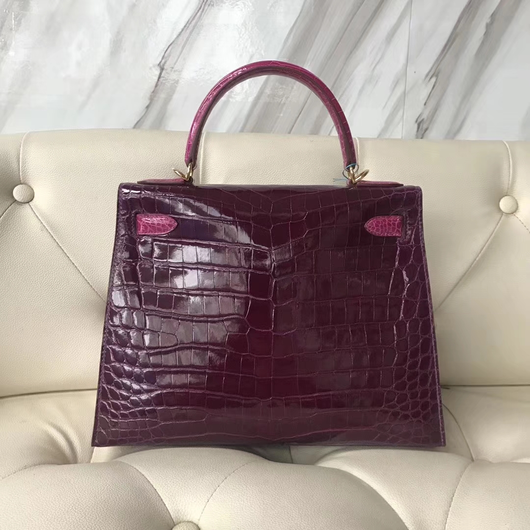 Hermès（爱马仕）Kelly shiny crocodile 亮面尼罗鳄 N5加仑紫拼J5天方夜谭粉紫 金扣 28cm