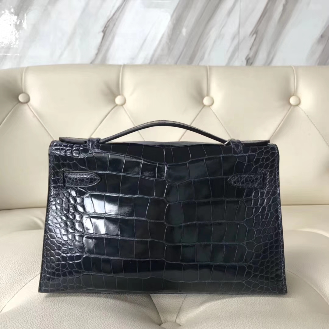 Hermès（爱马仕）Minikelly pochette 亮面鳄鱼 7k 深海蓝 金扣 手拿包 晚宴包 22cm