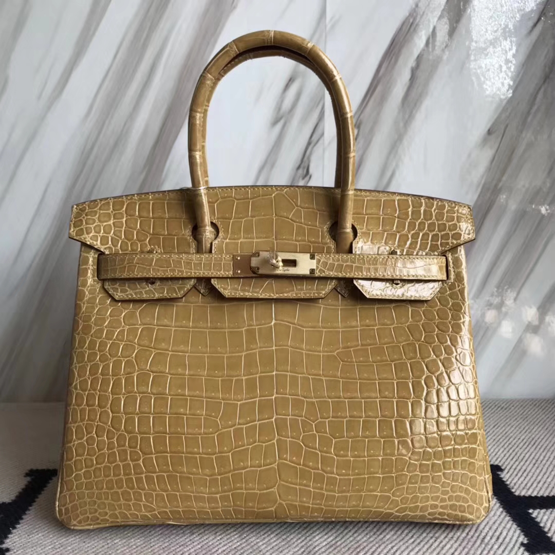 Hermès（爱马仕）Birkin30cm Porosus shiny 亮面澳洲湾鳄  杏色 奶茶色 金扣