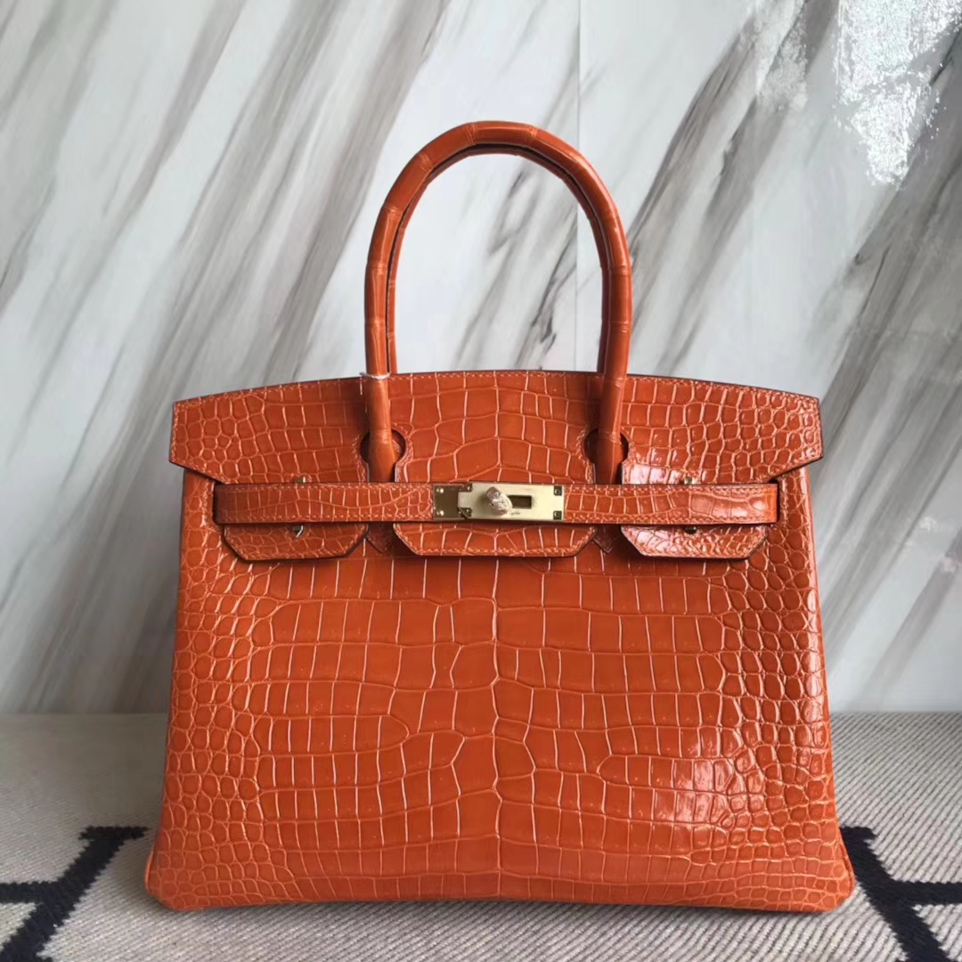 Hermès（爱马仕）Birkin30cm shiny porosus crocodile 澳洲湾鳄 8V栗罂橙 原厂御用HCp 蜡线全手工 金扣