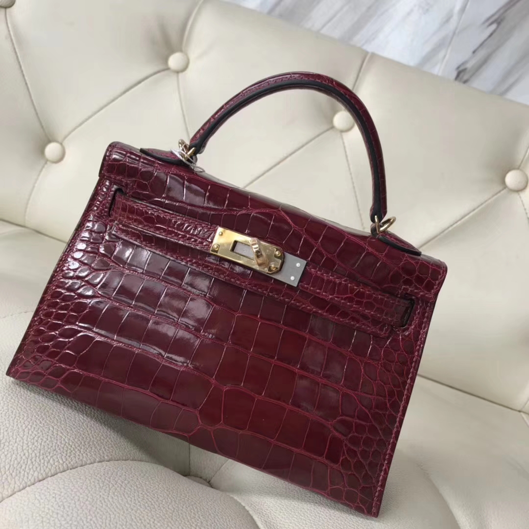 Hermès（爱马仕）Minikelly ll Alligator shiny 亮面鳄鱼  F5 勃艮第酒红 新酒红 金扣