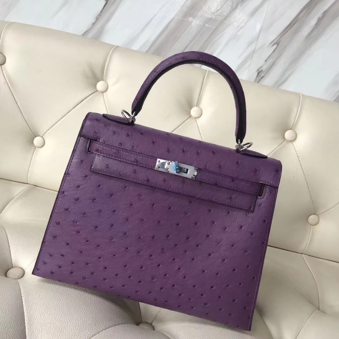 Hermès（爱马仕）Kelly25cm ostrich kk鸵鸟 P9海葵紫 顶级工艺 蜡线全手工 银扣 接受定制