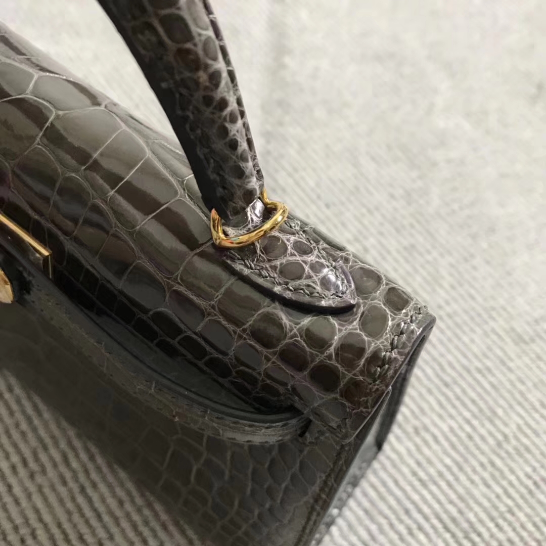 Hermès（爱马仕）亮面美洲鳄鱼 mini 2代 铁灰色 金扣