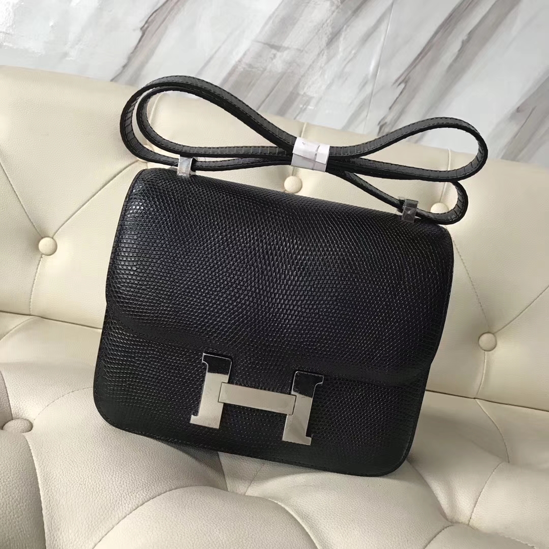 Hermès（爱马仕）Constance24cm lizard 进口亮面蜥蜴皮 ck89 黑色 银扣
