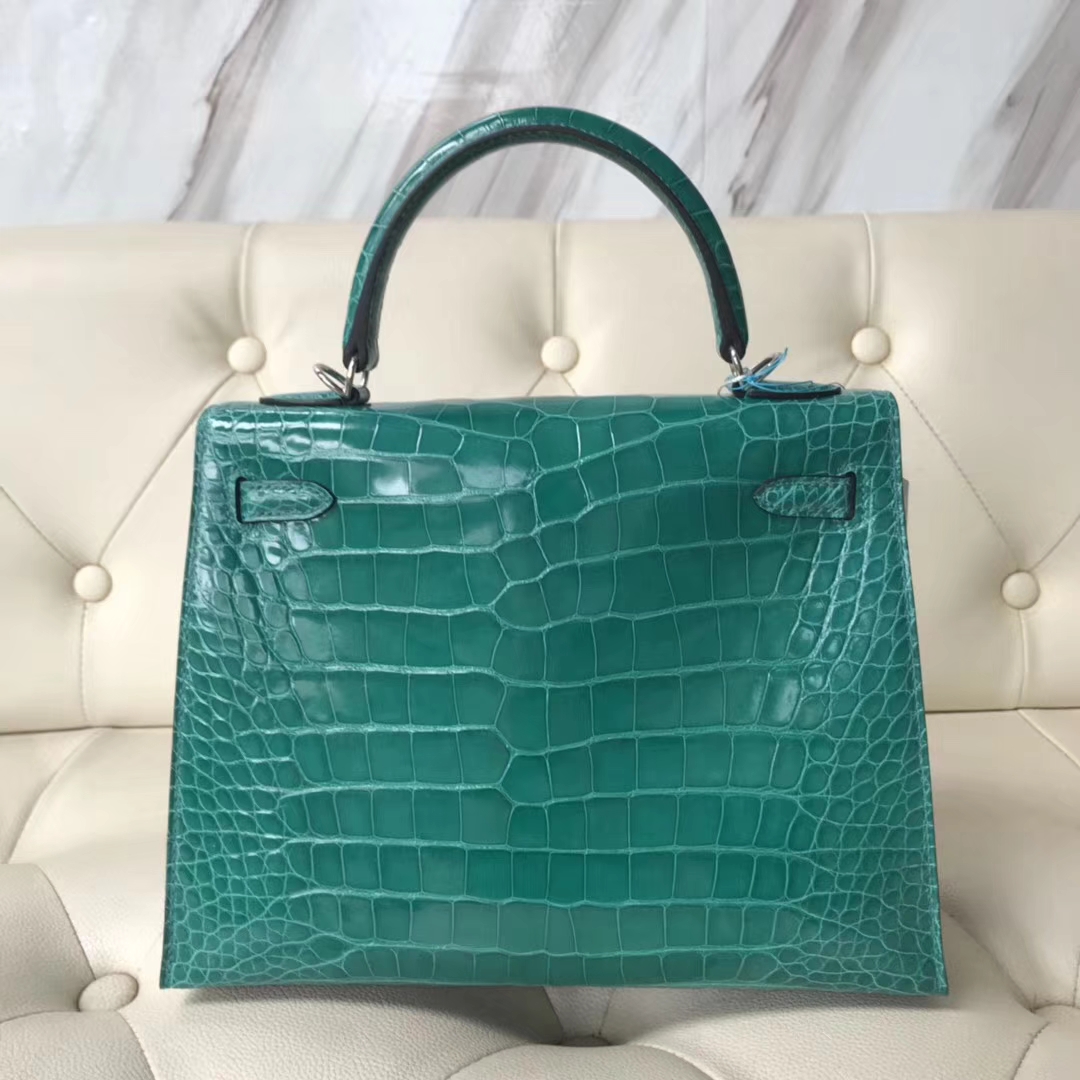 Hermès（爱马仕）Kelly25cm Alligator shiny 亮面方块鳄鱼 6Ｑ 翡翠绿 银扣