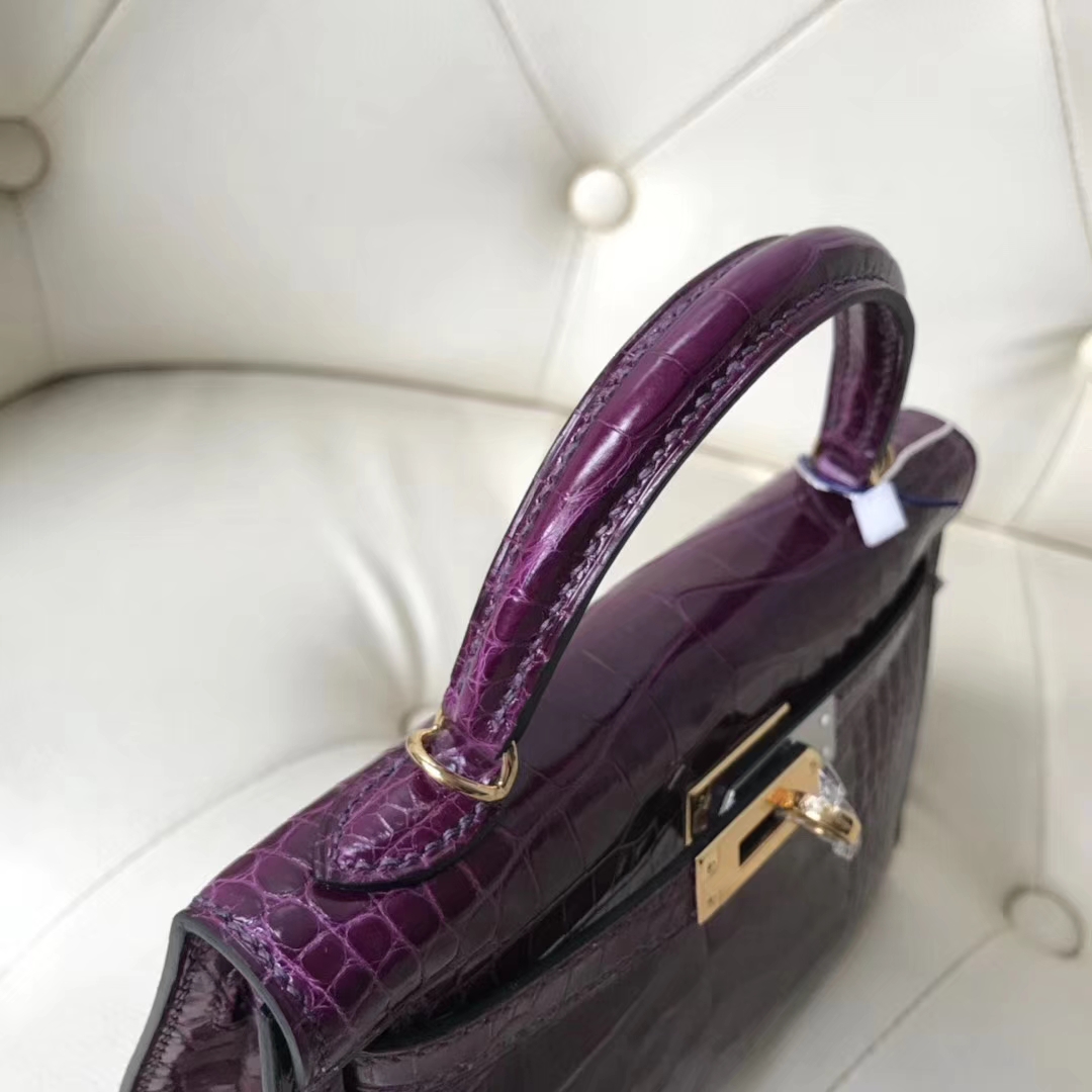 Hermès（爱马仕）Kelly 2代 19cm shiny alligator crocodile 亮面框框鳄鱼 N5加仑紫 顶级工艺 蜡线全手工  金扣