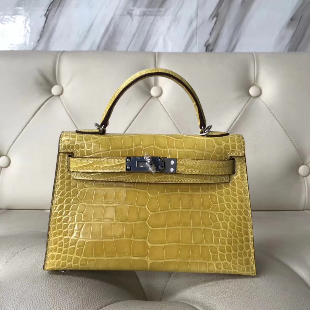 Hermès（爱马仕）Kelly2代 19cm shiny alligator crocodile 亮面框框鳄鱼 9R柠檬黄 蜡线全手工 银扣