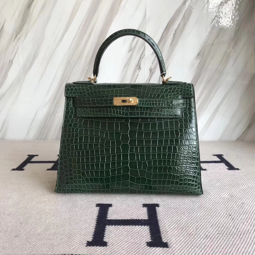 Hermès（爱马仕）Kelly28cm shiny porosus crocodile 澳洲湾鳄 ck67祖母绿 顶级工艺 全手工蜜蜡线缝 金扣