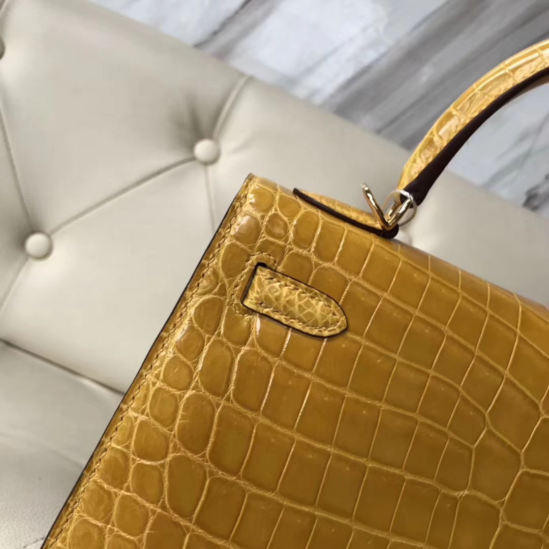 Hermès（爱马仕）Kelly25cm shiny nilo crocodile 亮面尼罗鳄 9D琥珀黄 顶级工艺 全手工蜜蜡线缝 金扣