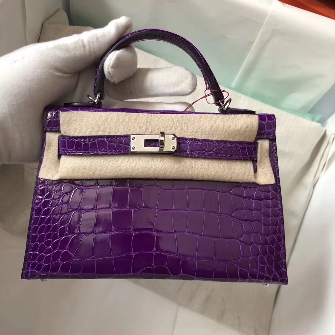 Hermès(爱马仕)Minikelly ll Alligator shiny 亮面鳄鱼 5L 极度紫 银扣-拉尔森鳄鱼皮具定制 - 爱马仕包包官网 Hermès(爱马仕)Minikelly ll Alligator shiny 亮面鳄鱼 5L 极度紫 银扣
