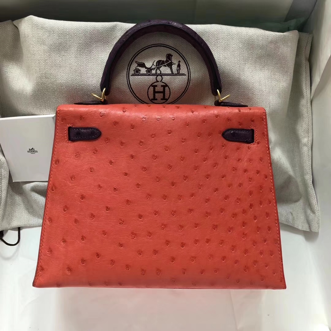 Hermès（爱马仕）Kelly Ostrich kk 鸵鸟 A5 杜鹃红 9w 梦幻紫 金扣 马蹄印 25cm