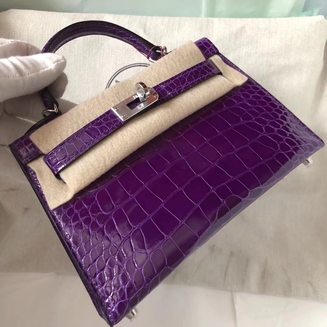 Hermès（爱马仕）Minikelly ll Alligator shiny 亮面鳄鱼  5L 极度紫 银扣