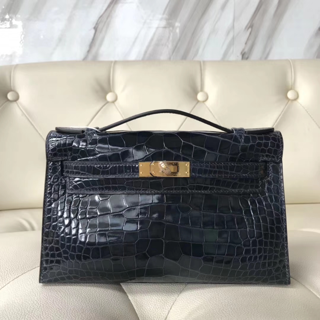 Hermès（爱马仕）Minikelly pochette 亮面鳄鱼 7k 深海蓝 金扣 手拿包 晚宴包 22cm