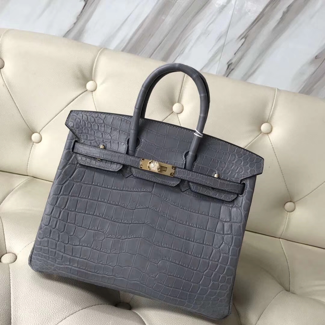 Hermès（爱马仕）Birkin Crocodile matt 雾面鳄鱼 慕斯灰 金扣 25cm
