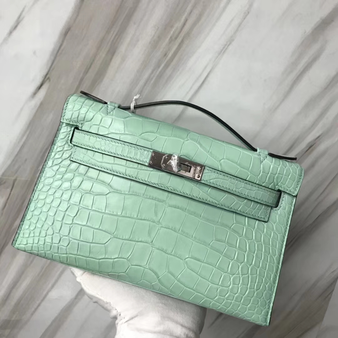 Hermès（爱马仕）Minikelly pochette 雾面鳄鱼 6U 薄荷绿  银扣 手拿包 晚宴包 22cm