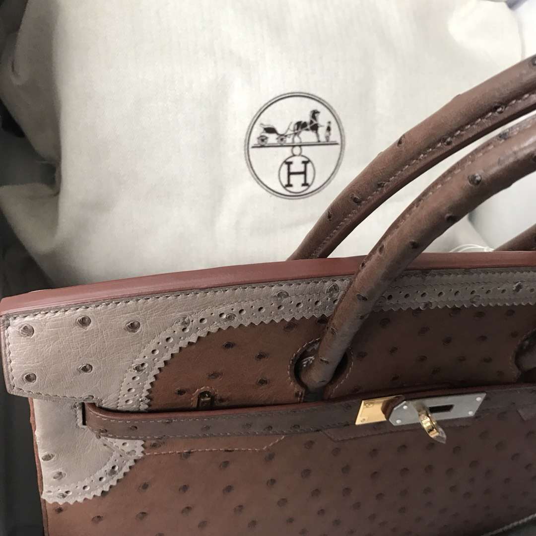 Hermès（爱马仕）Ghillies Birkin Ostrich 鸵鸟三拼 金扣 35cm