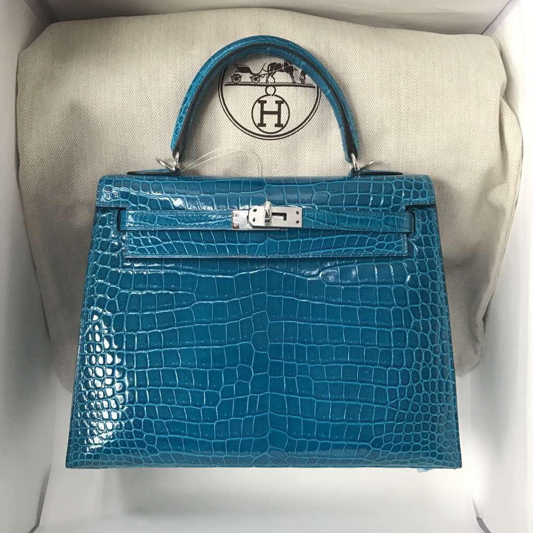 Hermès（爱马仕）Kelly porosus shiny 亮面澳洲 7w 伊兹密尔蓝 Blue izmir 银扣 25cm