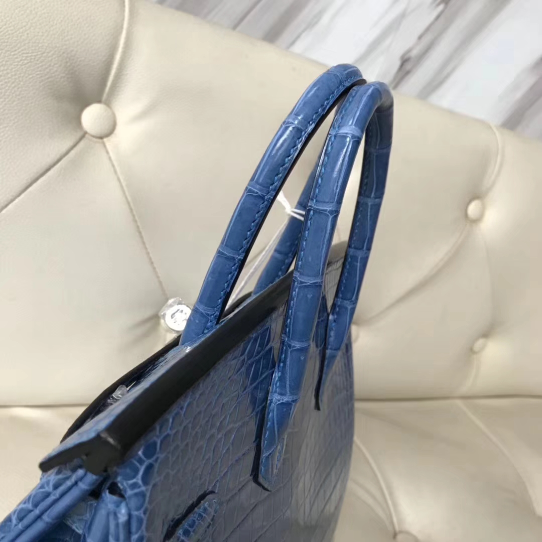 Hermès（爱马仕）Birkin Porosus shiny 澳洲湾鳄 7Ｑ 希腊蓝 mykonos 银扣 25cm