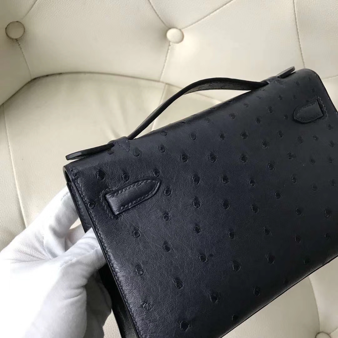 Hermès（爱马仕）Minikelly pochette Ostrich Kk 鸵鸟纹 深海蓝 2Z 金扣 现货
