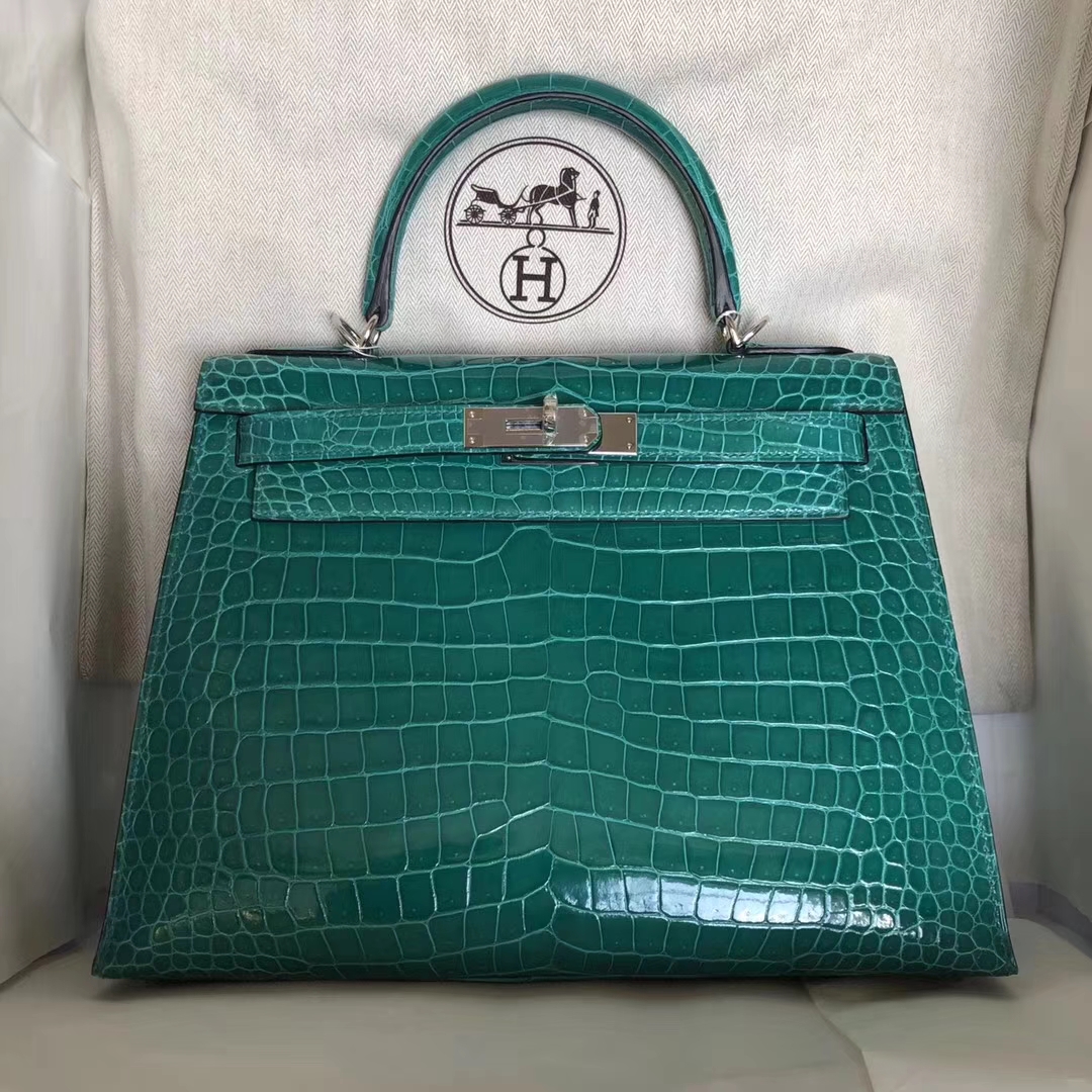 Hermès（爱马仕）Kelly porosus shiny 亮面澳洲湾鳄 6Ｑ 翡翠绿 银扣 28cm