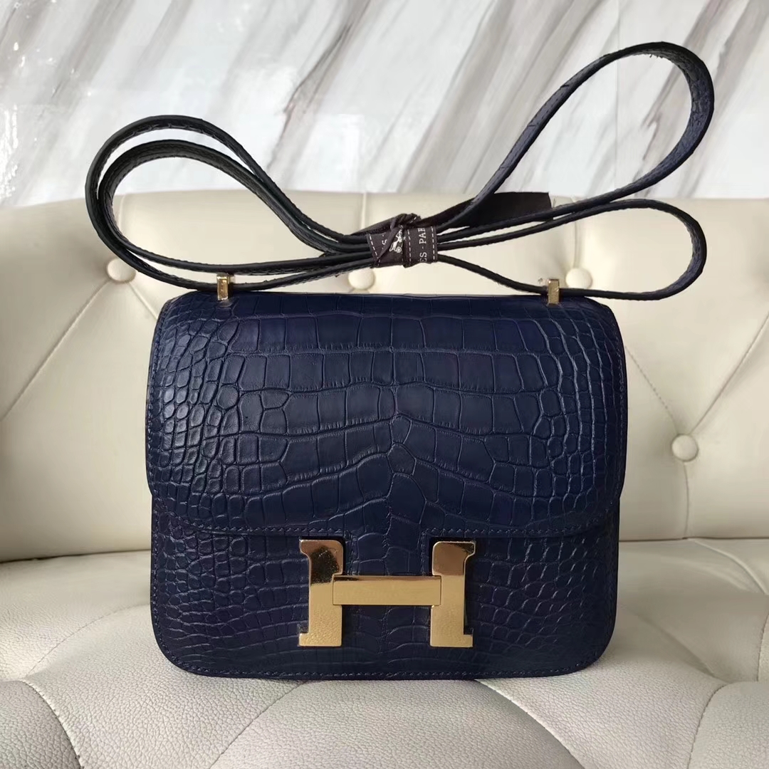 Hermès（爱马仕）Constance Matt alligator crocodile 雾面美洲鳄 宝石蓝 19cm 接受定制