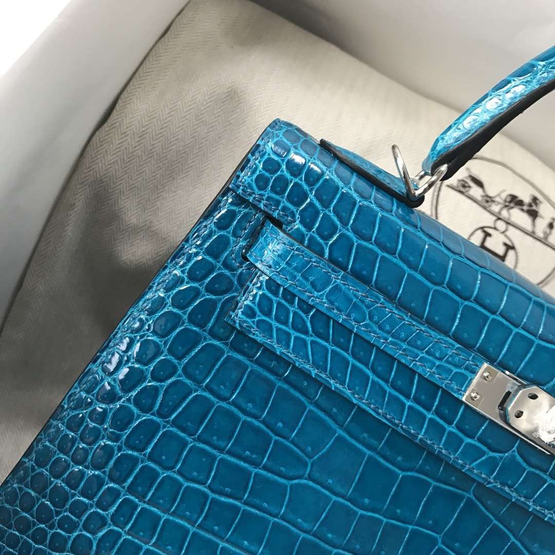 Hermès（爱马仕）Kelly porosus shiny 亮面澳洲 7w 伊兹密尔蓝 Blue izmir 银扣 25cm