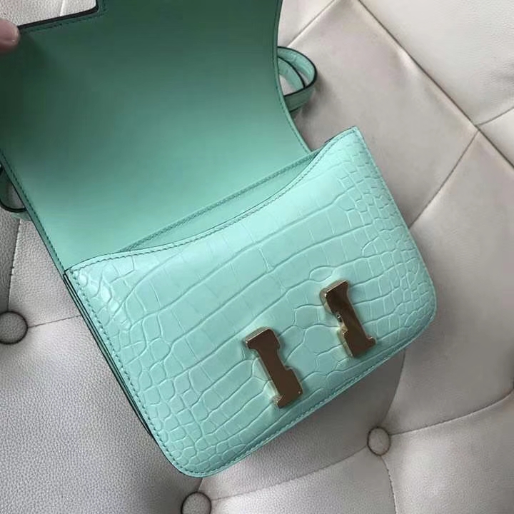Hermès（爱马仕）Constance Alligator matt 雾面鳄鱼 6U 薄荷绿 玫瑰金 18cm