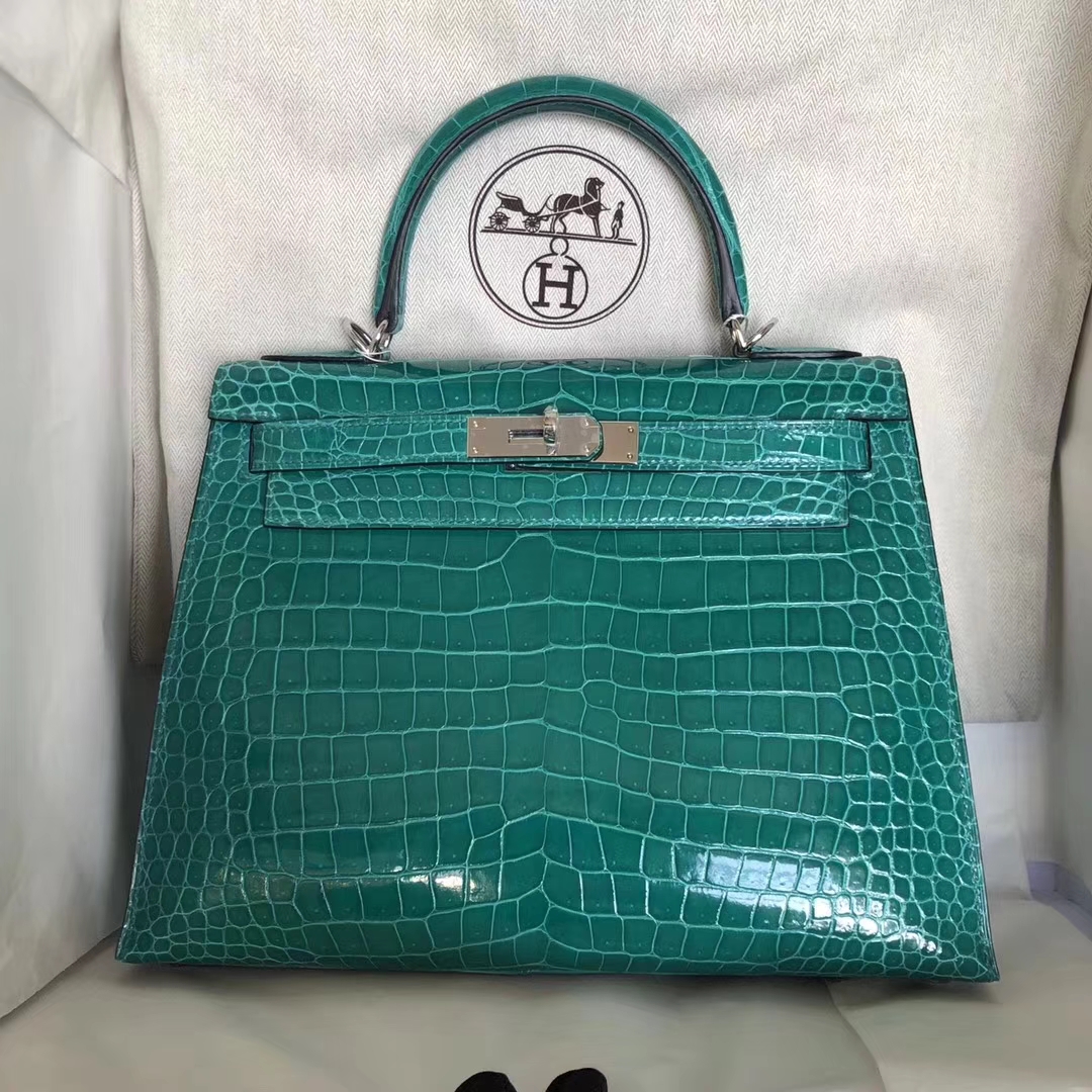 Hermès(爱马仕)Kelly porosus shiny 亮面澳洲湾鳄 6Q 翡翠绿 银扣 28cm-拉尔森鳄鱼皮具定制 - 爱马仕包包官网 Hermès(爱马仕)Kelly porosus shiny 亮面澳洲湾鳄 6Q 翡翠绿 银扣 28cm