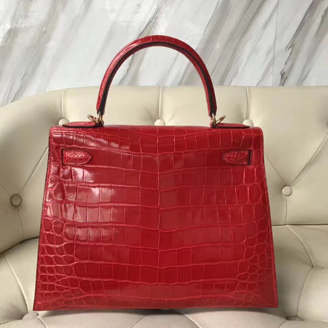 Hermès（爱马仕）Kelly Crocodile shiny 亮面鳄鱼ck95 法拉利红 Braise 金扣 28cm