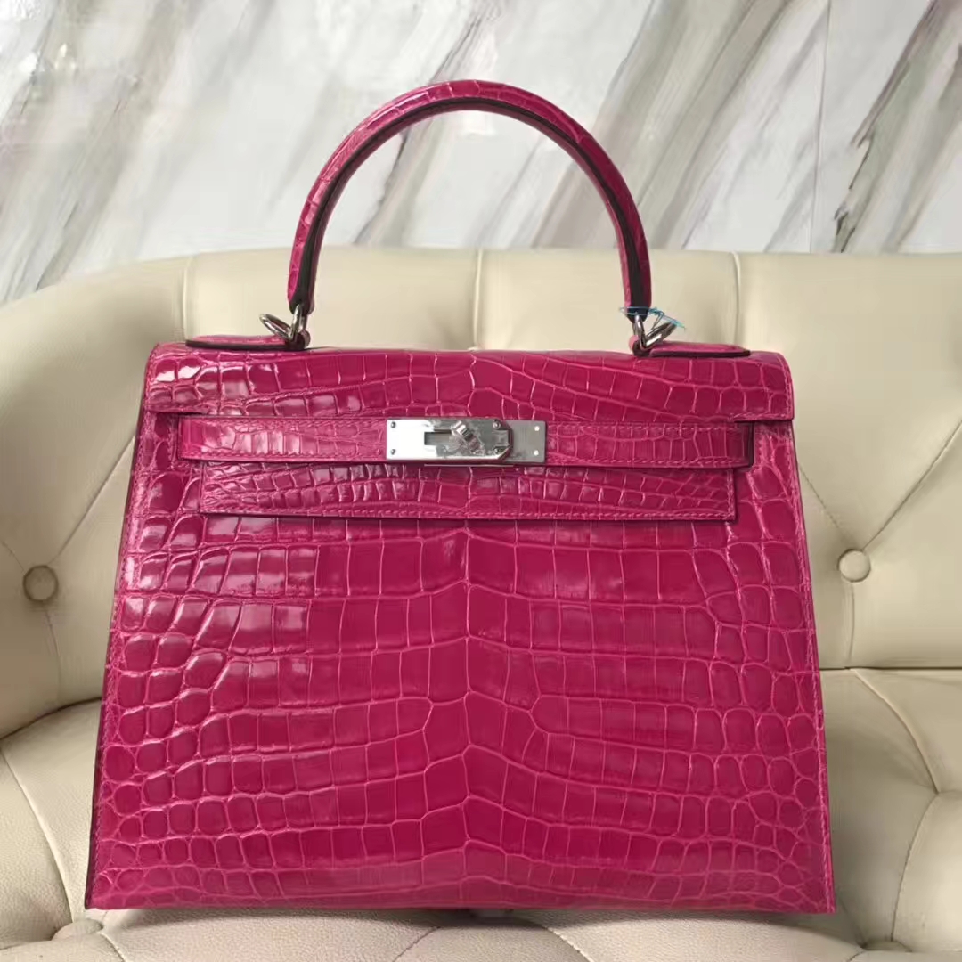 Hermès（爱马仕）Kelly Crocodile shiny 亮面鳄鱼J5 天方夜谭粉紫 银扣 现货 28cm
