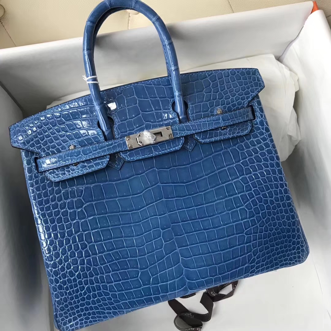 Hermès(爱马仕)Birkin Porosus shiny 澳洲湾鳄 7Q 希腊蓝 mykonos 银扣 25cm-拉尔森鳄鱼皮具定制 - 爱马仕包包官网 Hermès(爱马仕)Birkin Porosus shiny 澳洲湾鳄 7Q 希腊蓝 mykonos 银扣 25cm