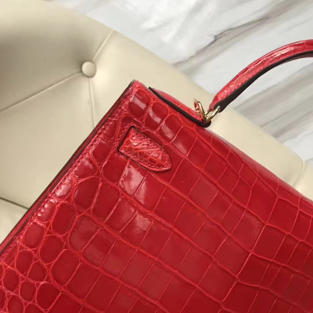 Hermès（爱马仕）Kelly Crocodile shiny 亮面鳄鱼ck95 法拉利红 Braise 金扣 28cm