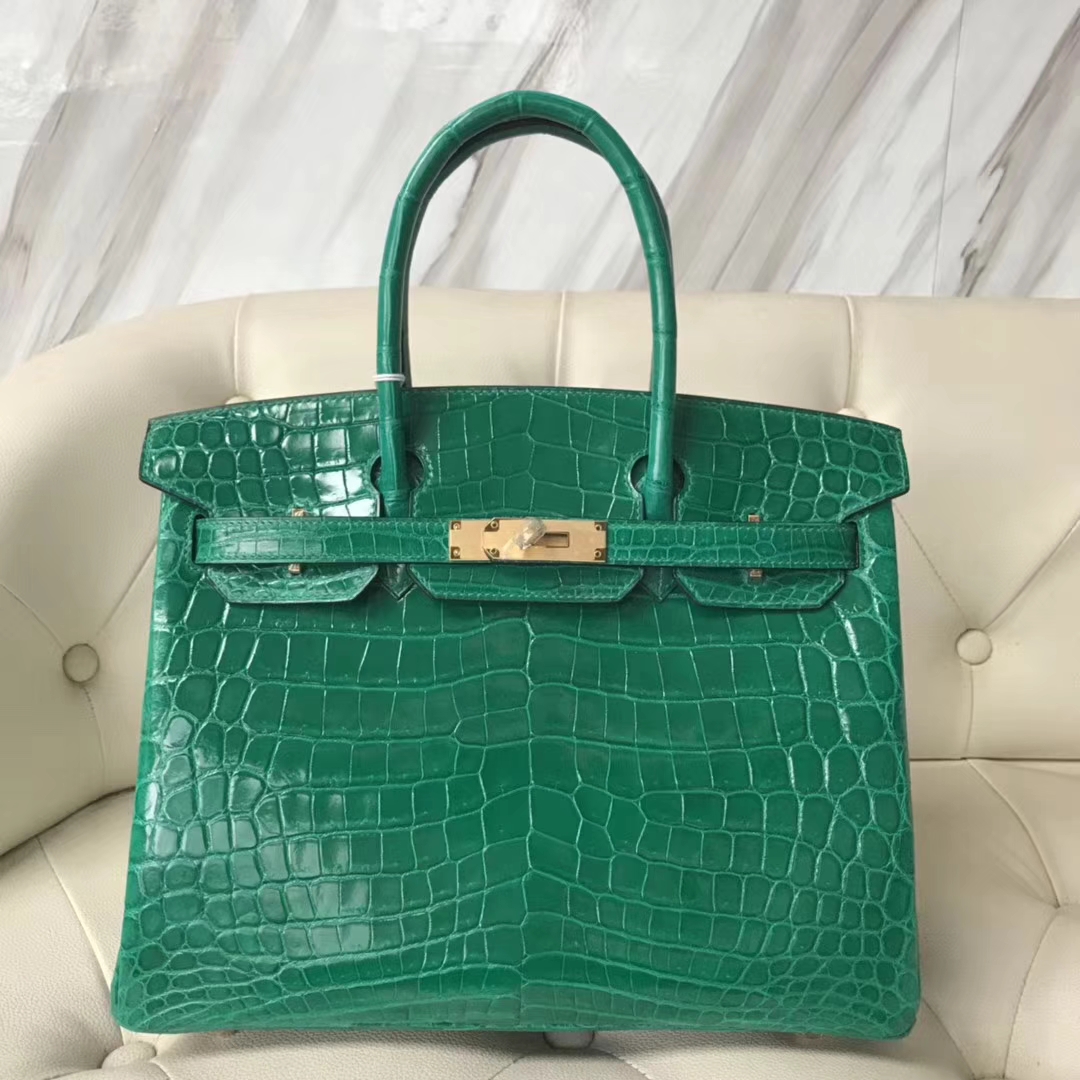 Hermès（爱马仕）Birkin Crocodile shiny 亮面鳄鱼 6Ｑ 翡翠绿 金扣 30cm