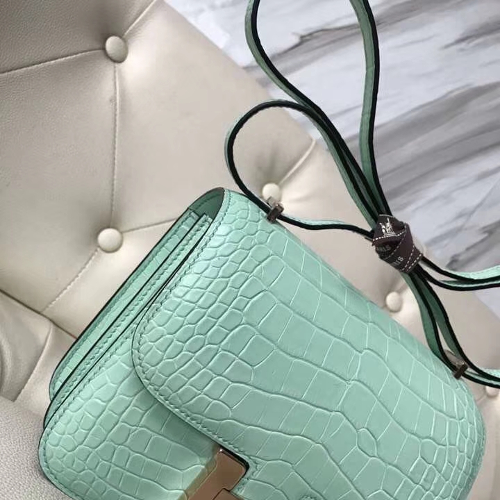 Hermès（爱马仕）Constance Alligator matt 雾面鳄鱼 6U 薄荷绿 玫瑰金 18cm