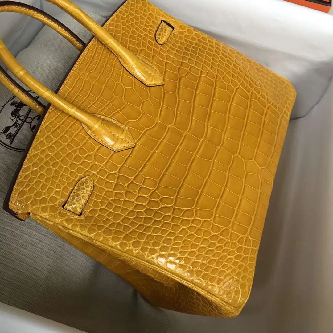 Hermès（爱马仕）Birkin Alligator shiny 亮面鳄鱼 9D 琥珀黄 Ambre 金扣 25cm 现货