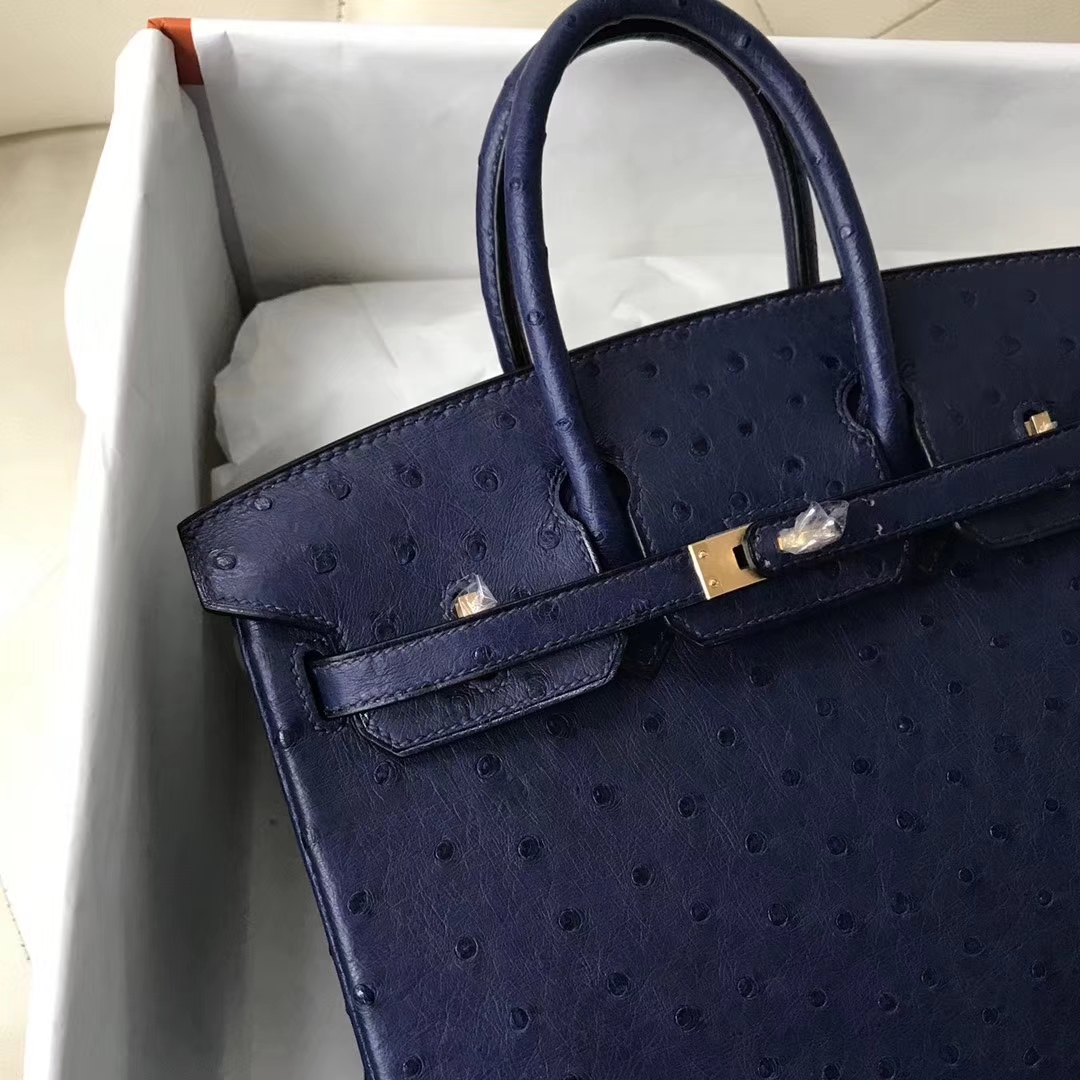 Hermès(爱马仕)Birkin Ostrich kk 鸵鸟 深蓝 金扣 25cm-拉尔森鳄鱼皮具定制 - 爱马仕包包官网 Hermès(爱马仕)Birkin Ostrich kk 鸵鸟 深蓝 金扣 25cm