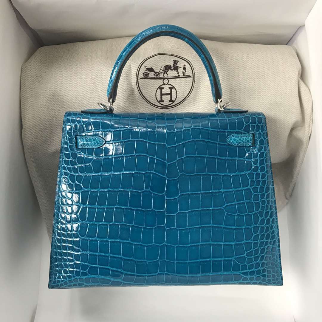 Hermès（爱马仕）Kelly porosus shiny 亮面澳洲 7w 伊兹密尔蓝 Blue izmir 银扣 25cm