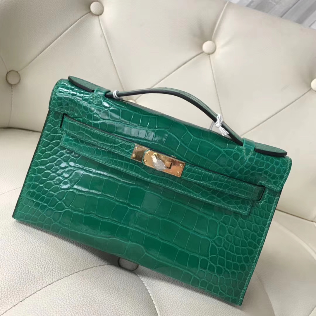Hermès（爱马仕）Minikelly pochette 亮面鳄鱼 6Ｑ 翡翠绿 金扣 手拿包 晚宴 22cm