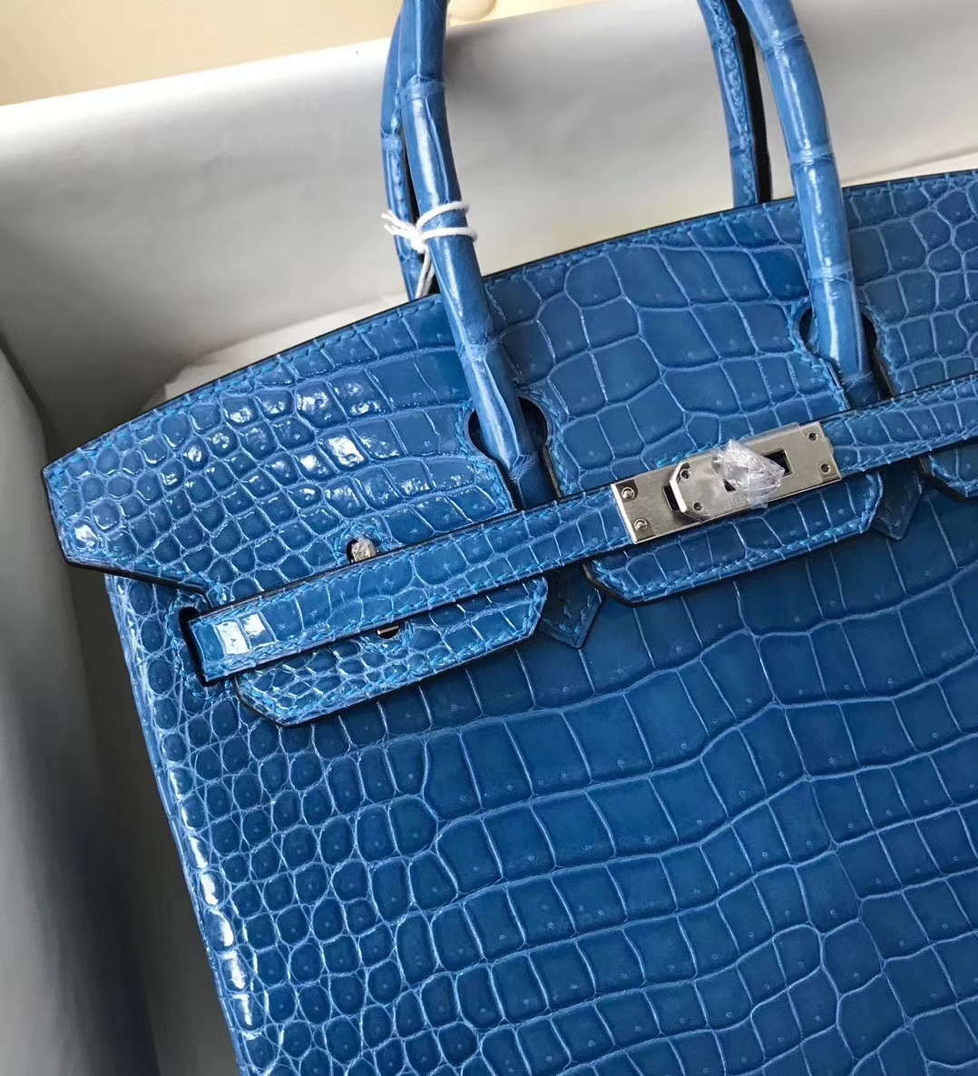 Hermès（爱马仕）Birkin Porosus shiny 澳洲湾鳄 7Ｑ 希腊蓝 mykonos 银扣 25cm