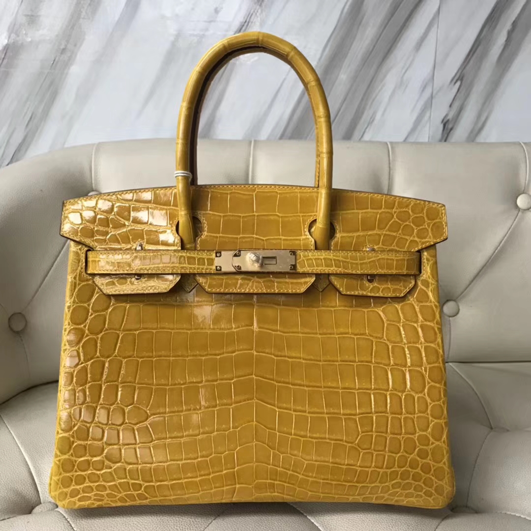 Hermès（爱马仕）Birkin Crocodile shiny 亮面鳄鱼 9D 琥珀黄 Ambre 金扣 30cm