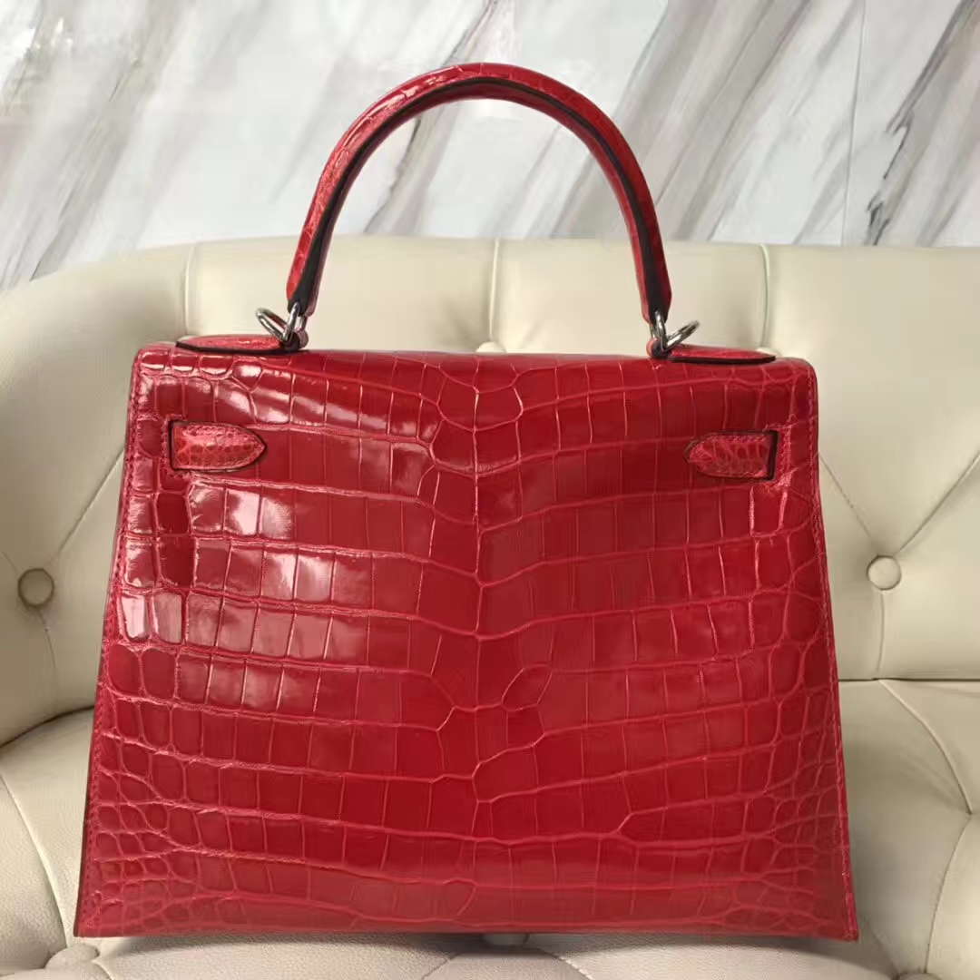 Hermès（爱马仕）Kelly Crocodile shiny 亮面鳄鱼ck95 法拉利红 Braise 银扣 28cm