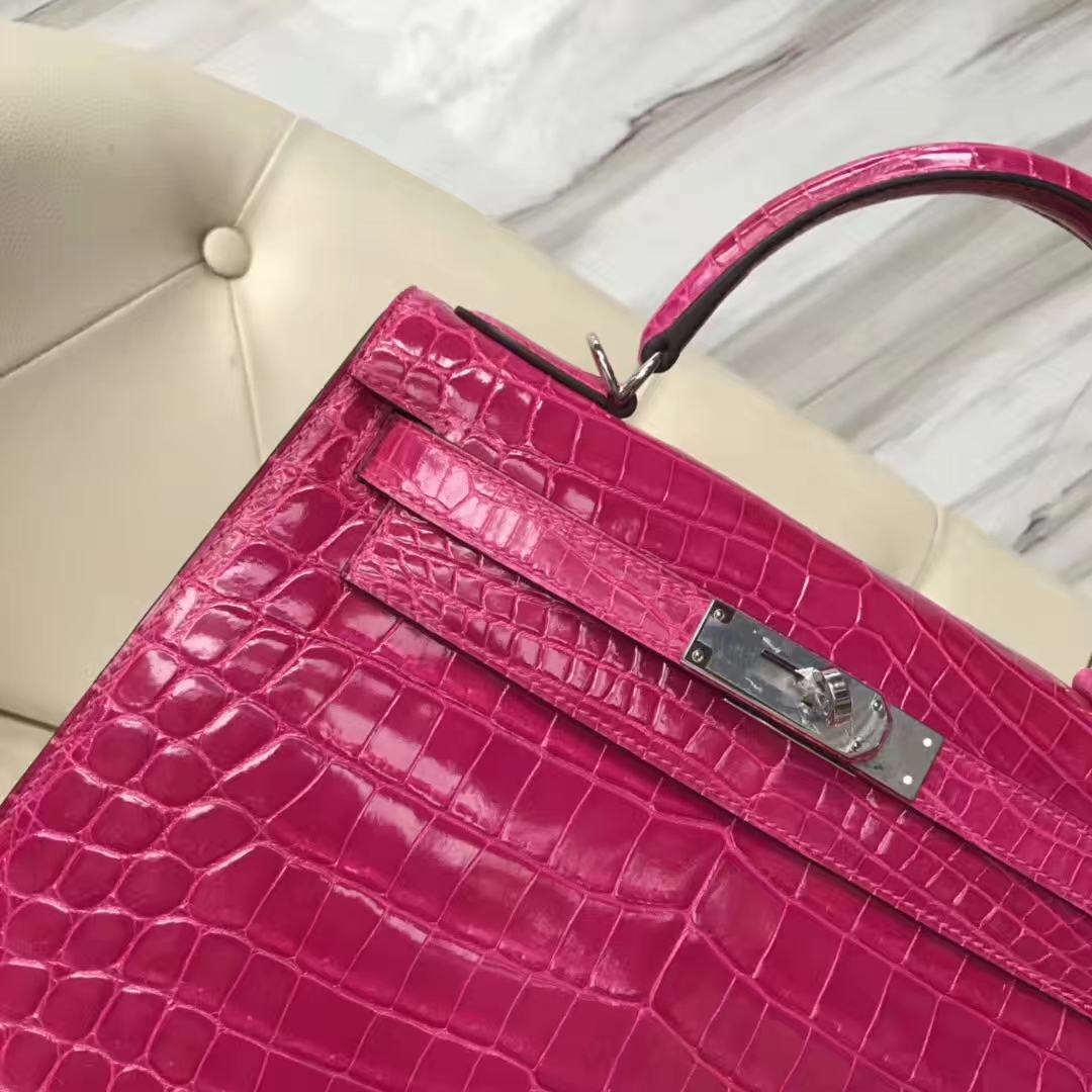 Hermès（爱马仕）Kelly Crocodile shiny 亮面鳄鱼J5 天方夜谭粉紫 银扣 现货 28cm