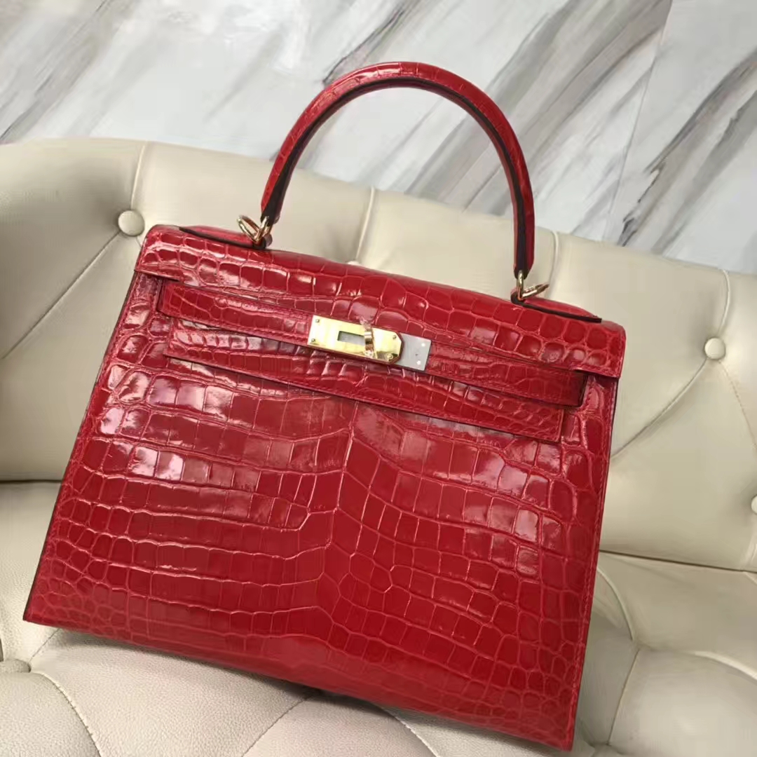 Hermès（爱马仕）Kelly Crocodile shiny 亮面鳄鱼ck95 法拉利红 Braise 金扣 28cm