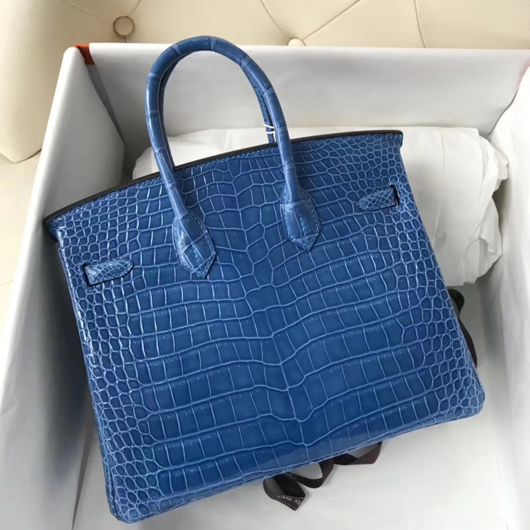 Hermès（爱马仕）Birkin Porosus shiny 澳洲湾鳄 7Ｑ 希腊蓝 mykonos 银扣 25cm