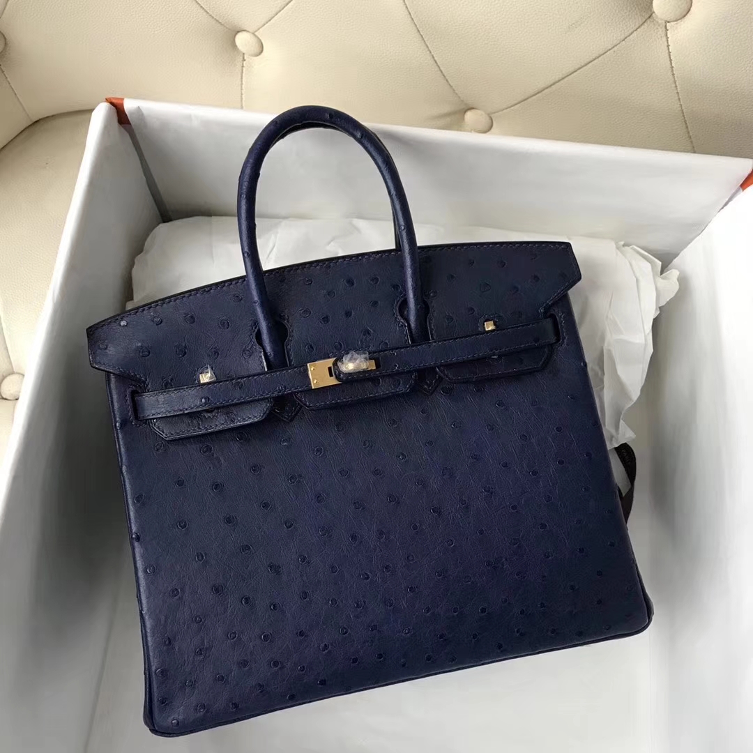 Hermès（爱马仕）Birkin Ostrich kk 鸵鸟 深蓝 金扣 25cm