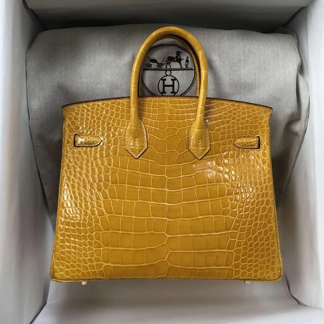 Hermès（爱马仕）Birkin Alligator shiny 亮面鳄鱼 9D 琥珀黄 Ambre 金扣 25cm 现货