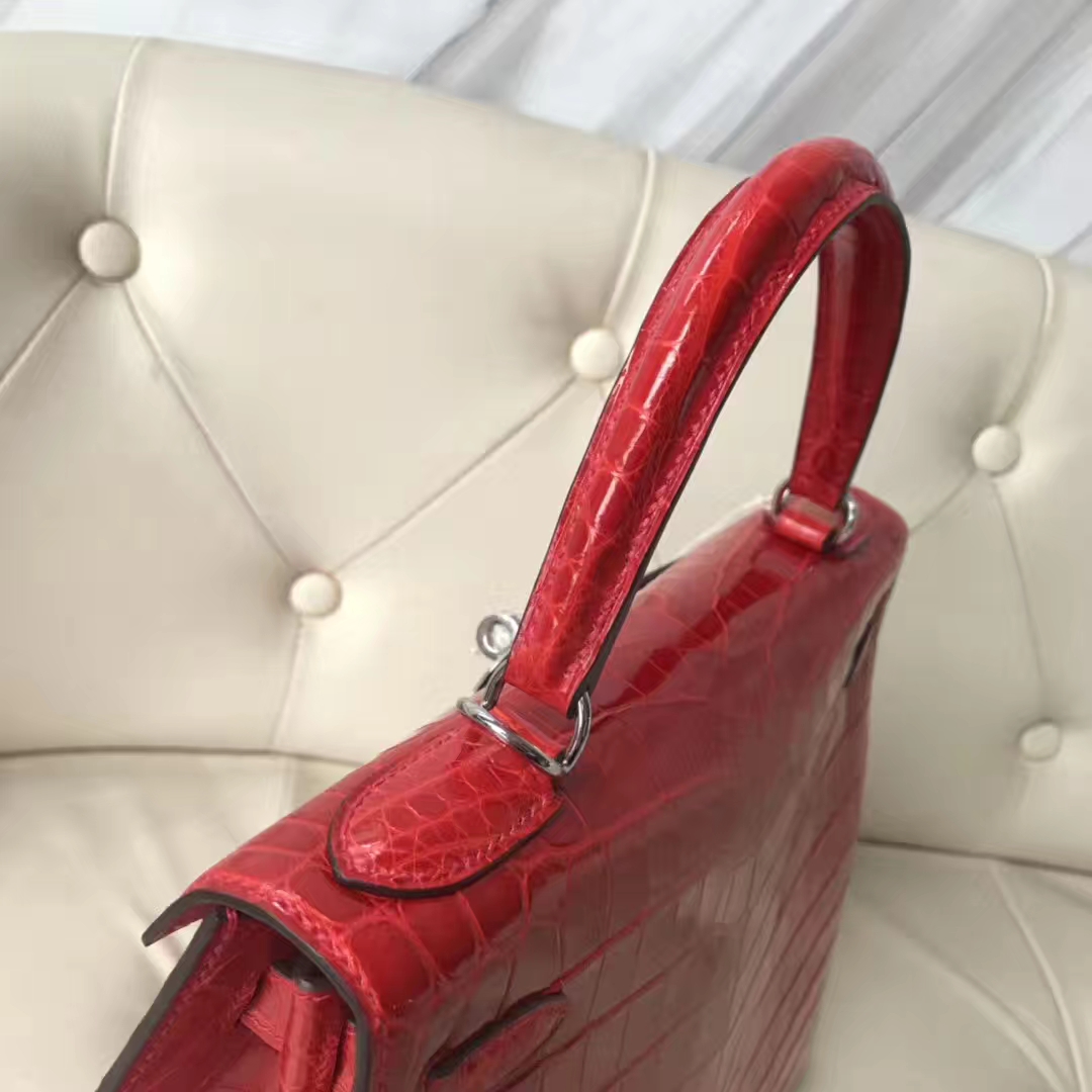 Hermès（爱马仕）Kelly Crocodile shiny 亮面鳄鱼ck95 法拉利红 Braise 银扣 28cm