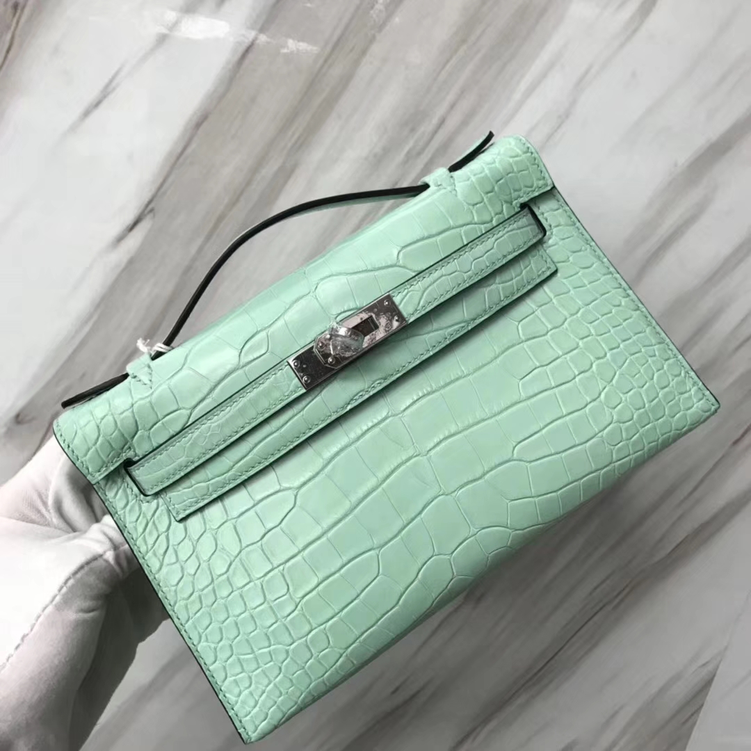Hermès(爱马仕)Minikelly pochette 雾面鳄鱼 6U 薄荷绿 银扣 手拿包 晚宴包 22cm-拉尔森鳄鱼皮具定制 - 爱马仕包包官网 Hermès(爱马仕)Minikelly pochette 雾面鳄鱼 6U 薄荷绿 银扣 手拿包 晚宴包 22cm