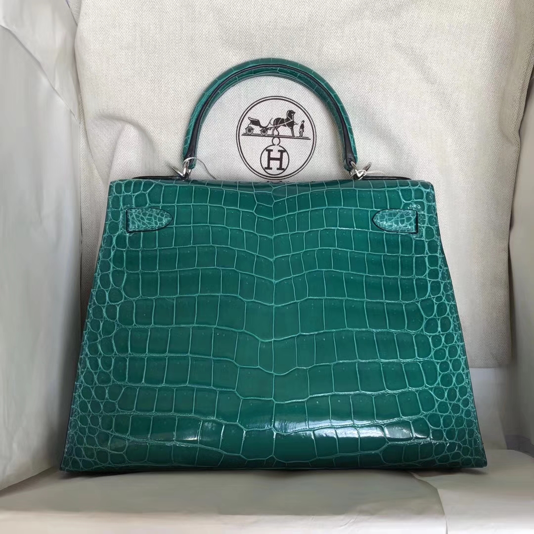 Hermès（爱马仕）Kelly porosus shiny 亮面澳洲湾鳄 6Ｑ 翡翠绿 银扣 28cm